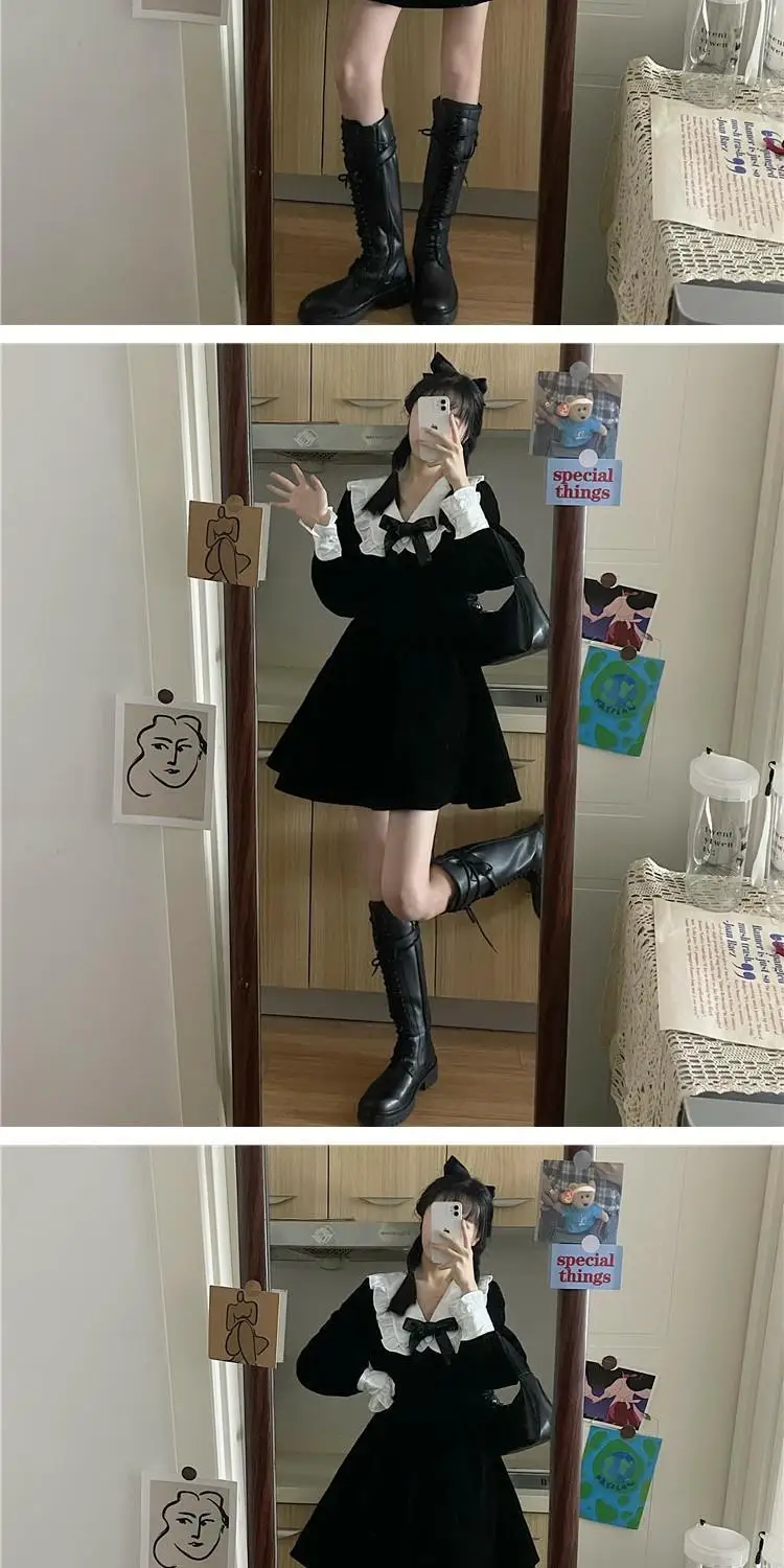 HOUZHOU Kawaii Bow Dress Women Japanese Preppy Style Long Sleeve Mini Dresses Black Goth Vintage Lolita Outfits Sweet Streetwear vintage clothing stores