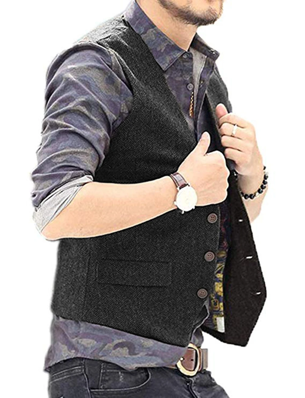 Slim Mens Vest Tweed Waistcoat Vest Vintage Herringbone V-neck Casual Wool Groomsmen Suits Vest For Wedding XS-5XL 3