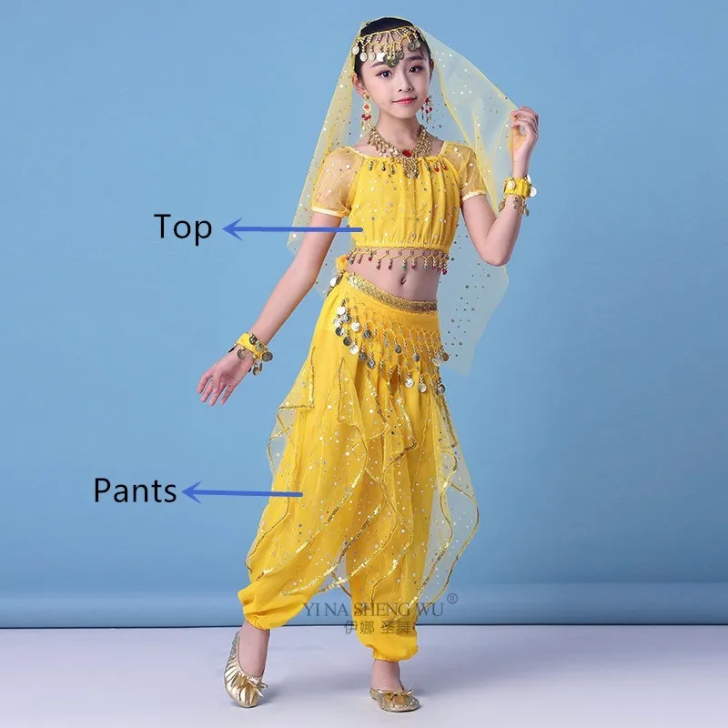 Yellow 2pcs Детский набор костюма для танца живота Восточный танец девушки танец живота Индия танец живота представление сценическая одежда брюки для танцев костюм - Цвет: Yellow 2pcs