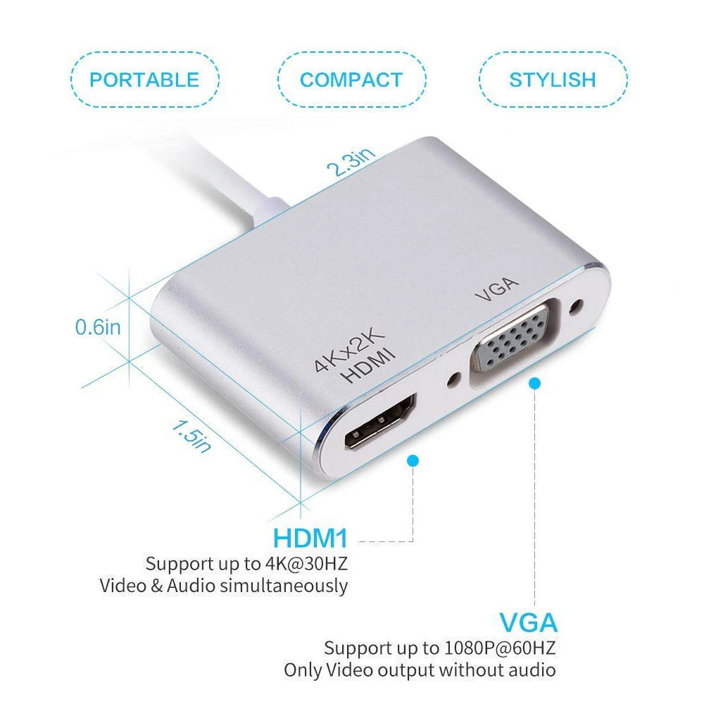 USB 3,1 Тип C на HDMI 4 к VGA конвертер адаптер 2-в-1 мини мульти-Дисплей конвертер для iPad Pro/MacBook Pro/Chromebook