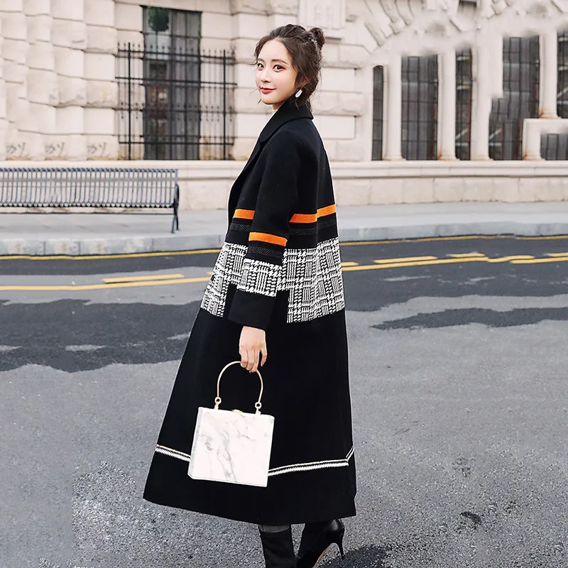 

Autumn Warm Women Woolen Coat Long Plaid Patchwork Wool Overcoat Thick Warm Loose Women Winter Jacket G859