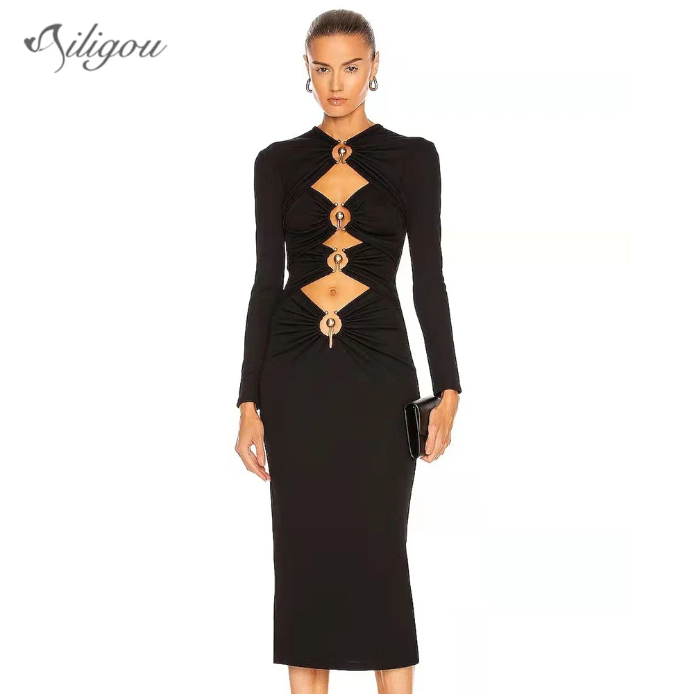 

Ailigou Ladies Fashion Black Mid-length Tight Bandage Dress Full Sleeve Hollow Metal Button Design Party Club Dress Vestidos