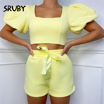 

Cotton Two Piece Set Short Puff Sleeve Zipper Top And Shorts Summer Matching Set Sexy 2 Piece Set Women Casual Outfits