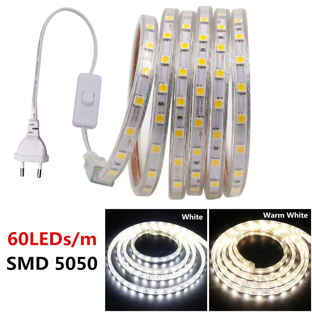 220V 276Leds/m SMD 2835 LED Strip Three Row Waterproof White Warm White Flexible Led Strip Light With Switch For Home Decoration