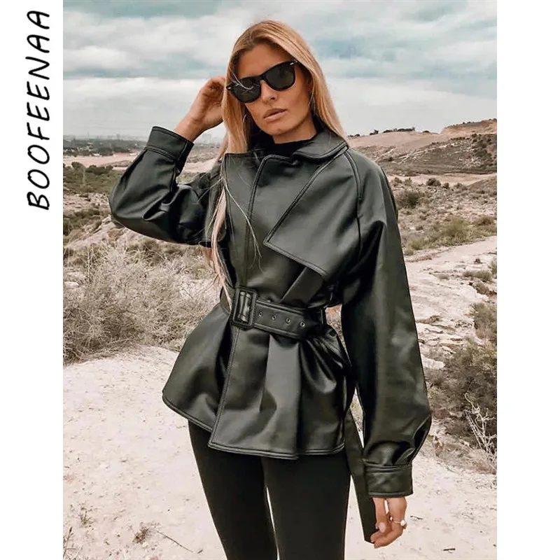 BOOFEENAA Black Long Faux Leather Jackets Women Winter Clothes Vintage Belted Blazer Biker Motorcycle Coat Windbreaker C67-BB39