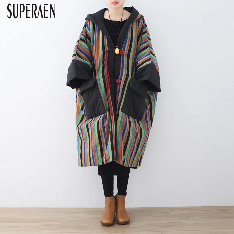 SuperAen, новинка, осенние и зимние теплые парки, пальто, хлопок, дикие, с капюшоном, повседневные парки, пальто, женское, в полоску, китайский стиль, пальто