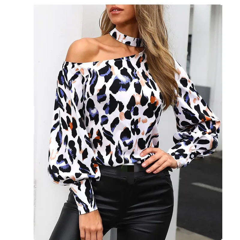 

Women Blouses Leopard Print Halter Chiffon Long Sleeve Plus Size Female Shirt Sexy Casual Fit Office Dating Chenmisier Femme