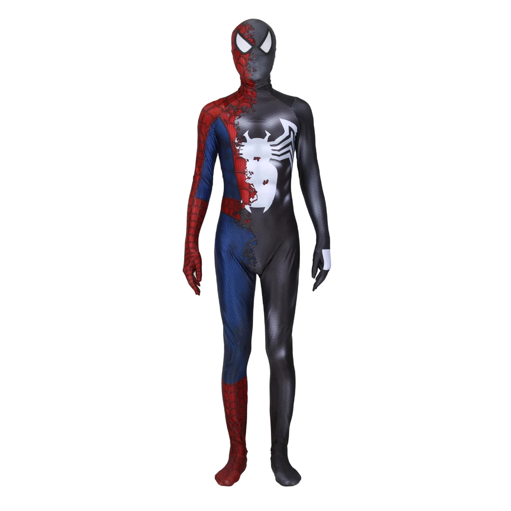 Symbioted Venom Удивительный Человек-паук косплей костюм супергерой zentai шаблон боди костюм комбинезоны лайкра ребенок Хэллоуин - Цвет: Conjoined mask
