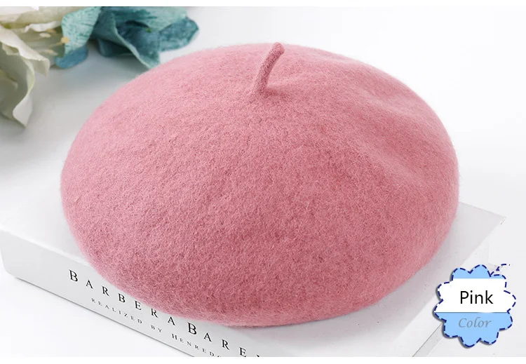 Pink Женская шапка, берет, женский шерстяной теплый берет, шапка весна/осень/зима, одноцветные винтажные береты, шапка в стиле художника, элегантная женская шапка - Цвет: Pink