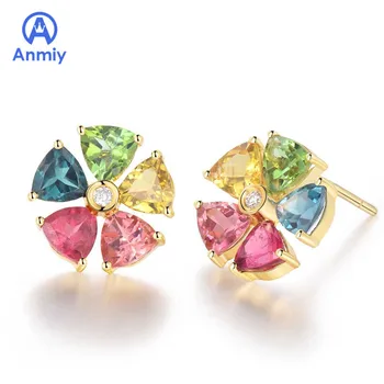 

Anmiy Fashionable Elegant Petal Inlaid Zircon Natural Tourmaline Colorful Earrings Women's Luxury Ear Ring Jewelry