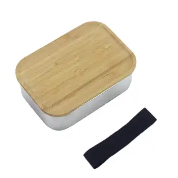 

New Japanese Style 304 Stainless Steel Lunch Box With Wooden Lid Lunch Box Square Bamboo Cover Sushi Bento Box For School Picnic