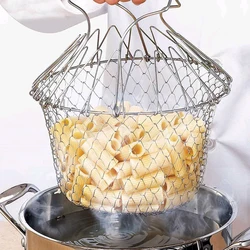 2021 New Fry Basket Stainless Steel Frying Basket Useful Drain Basket Telescopic Folding Frying Basket Colanders Kitchen Gadgets