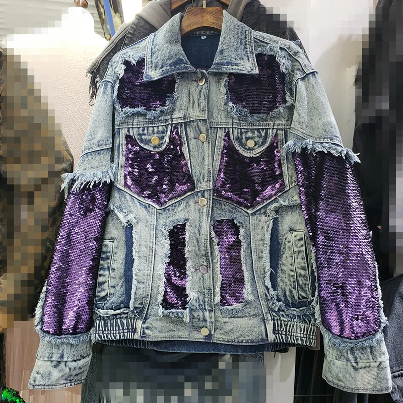 Свободная джинсовая куртка с блестками новая дырками | Женская одежда
