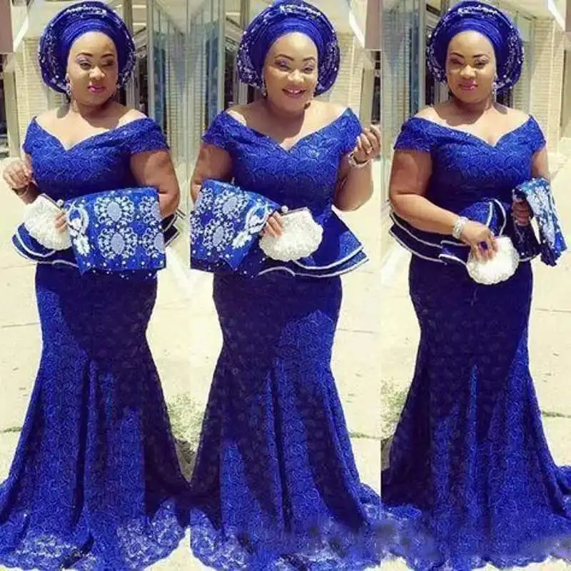 Robe De Soiree Lace Evening Dresses Royal Blue Formal Dress Plus Size Long Nigerian Evening Gowns Mermaid Peplum abiye