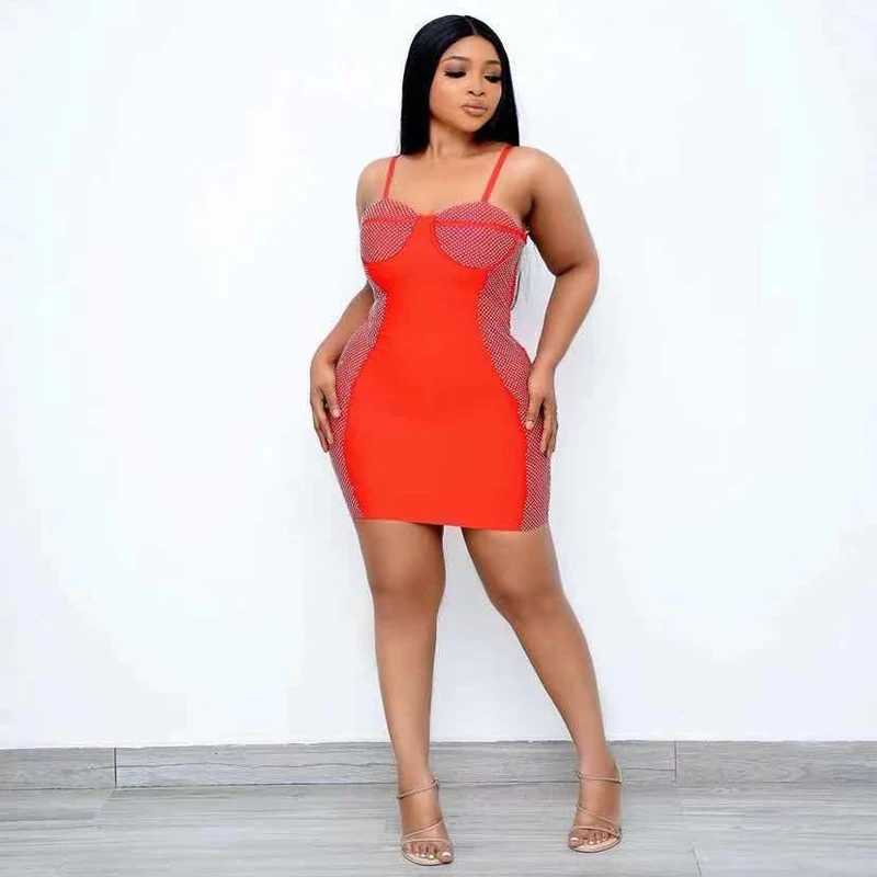 

Wholesale Women's Red knitting Spaghetti Strap Rhinestone Strapless Mini Sexy Celebrity Cocktail Party Bandage Dress