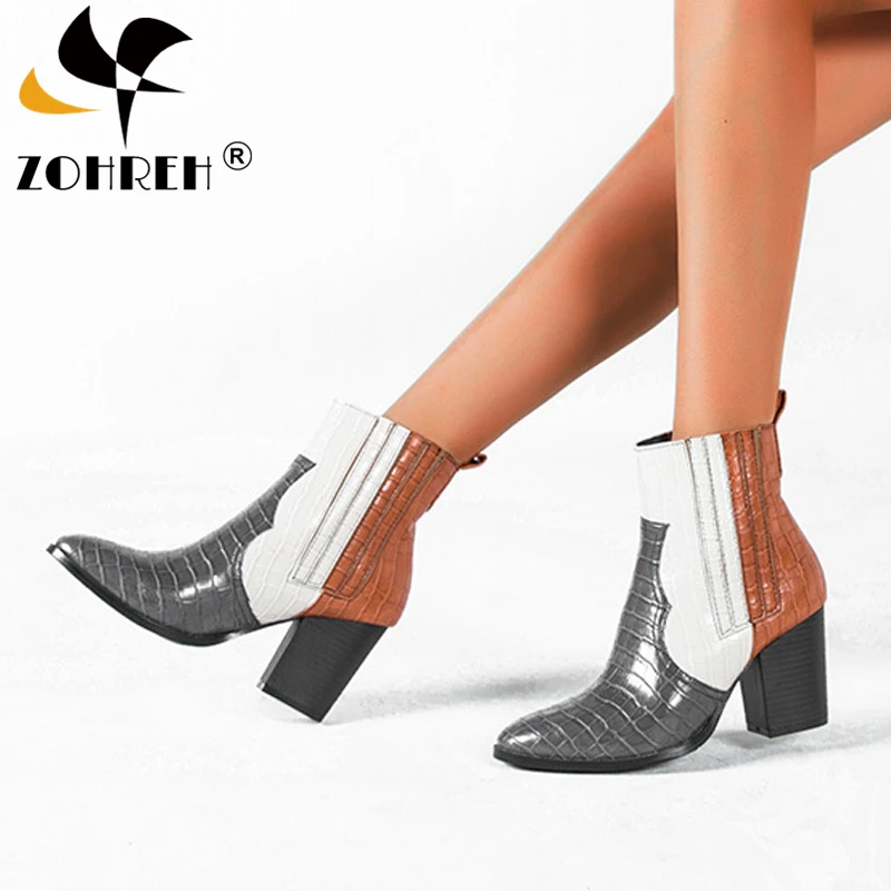 

2019 Autumn Western Cowboy Boots Women Elastic Animal Crocodile Pattern PU Leather High Heels Cowgirl Booties Ankle Botas Shoes