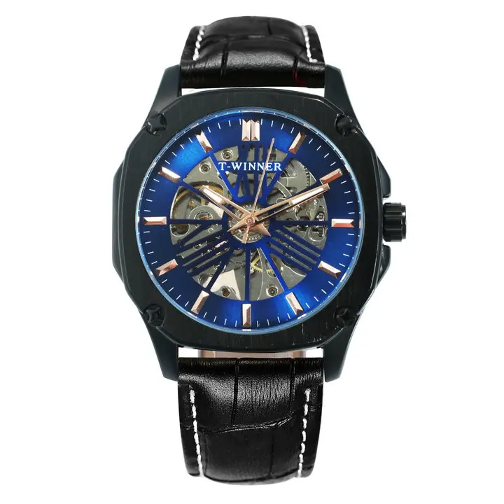 BLACK BLUE WINNER официальный автоматические механические мужские часы лучший бренд класса люкс Скелет синий циферблат кожаный ремешок мужские новые модные наручные часы - Цвет: BLACK BLUE