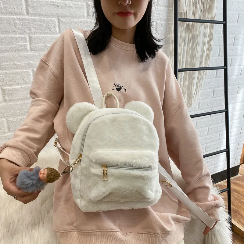 Custom Fluffy Bunny Backpack Korean Mini Backpack For Girls Cute 2022 New Bear Ears Plush Women Backpack Faux Fur Shoulders Bag 5