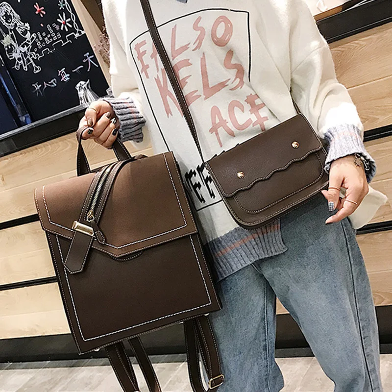 

2019 New Scru Pu Leather Backpack Women Fashion School Bags Backpacks for Teenage Girls Brown Vintage 2pcs Backpack Sac A Dos