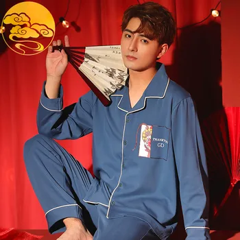 

Brand Autumn Knitted Cotton Long Sleeved Men's Pajama Sets Sleepwear Men Pyjamas Sleep Set Male Leisure China Style Loungewear