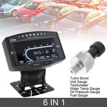 

Universal 6 In 1 Car Digital LCD Gauge Oil Pressure Gauge+Voltmeter+Water Temperature Gauge+Fuel Gauge+Tachometer+Turbo Boost