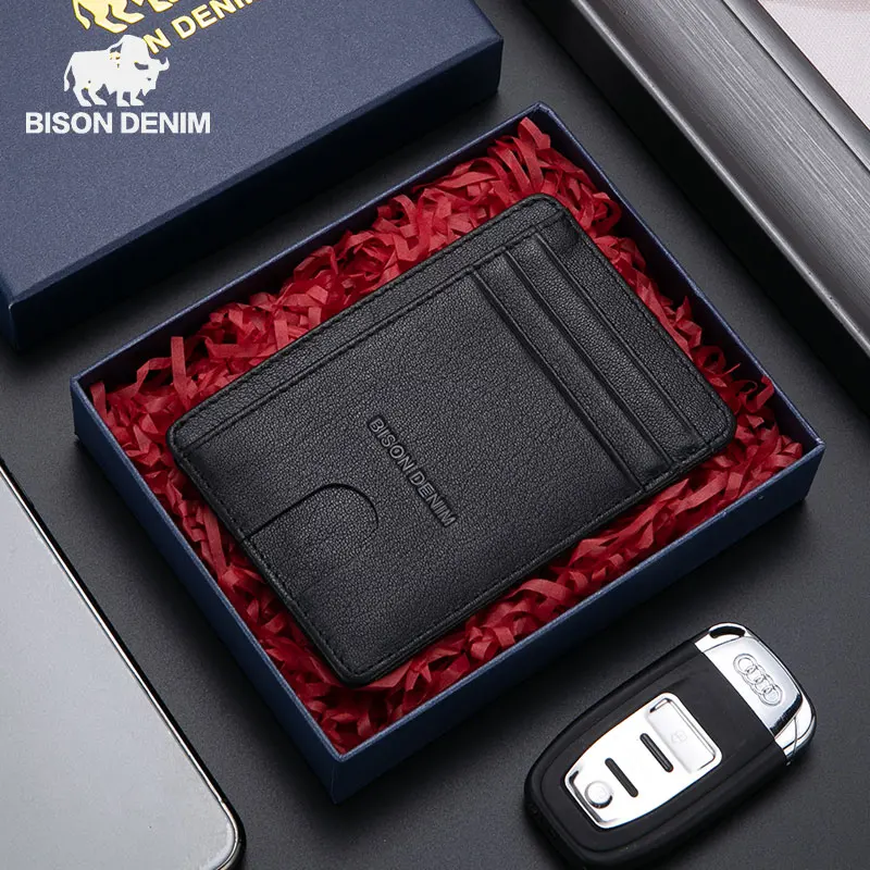 BISON DENIM – portefeuille minimaliste en cuir véritable pour hommes, porte-cartes de crédit, blocage RFID, W9670-1B