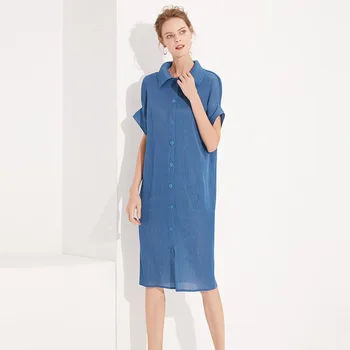 

Dress Summer Women Plus Size 2019 New Turn Down Collar Short Sleeves Elastic Loose Miyake Pleated Single Breasted Dress Midi