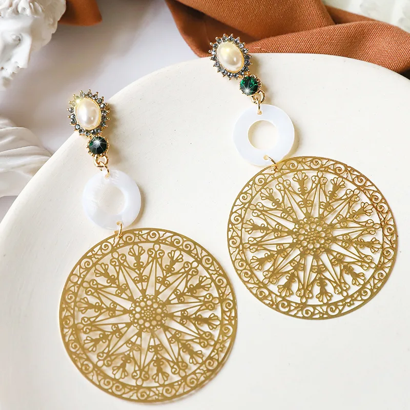 

European and American Round Hollow out Carved Hanging Dangle Women's Earrings Prevent Allergy exquisite Exaggerated ear nail