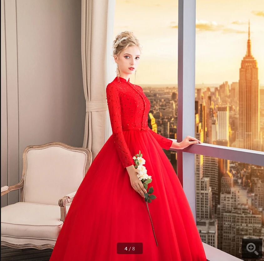 

2020 new arrival red lace modest long sleeve ball gown wedding dress beaded high neckline beaded sequins muslim bridal gowns