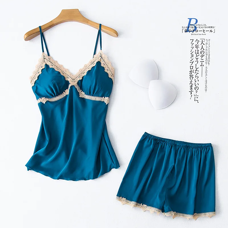 

2020 Summer New Ladies Lace Pajamas Sets Sexy Strap Shorts Korean Silk Home Wear Sleeveless V-Neck Pyjamas Women Sleep Lingerie
