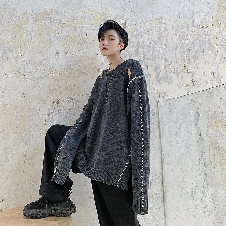 M-XL! дизайнерские модели прилива мужчин ленивый свободный отверстие тонкий свитер осень шик личности Асимметричный вязаный свитер