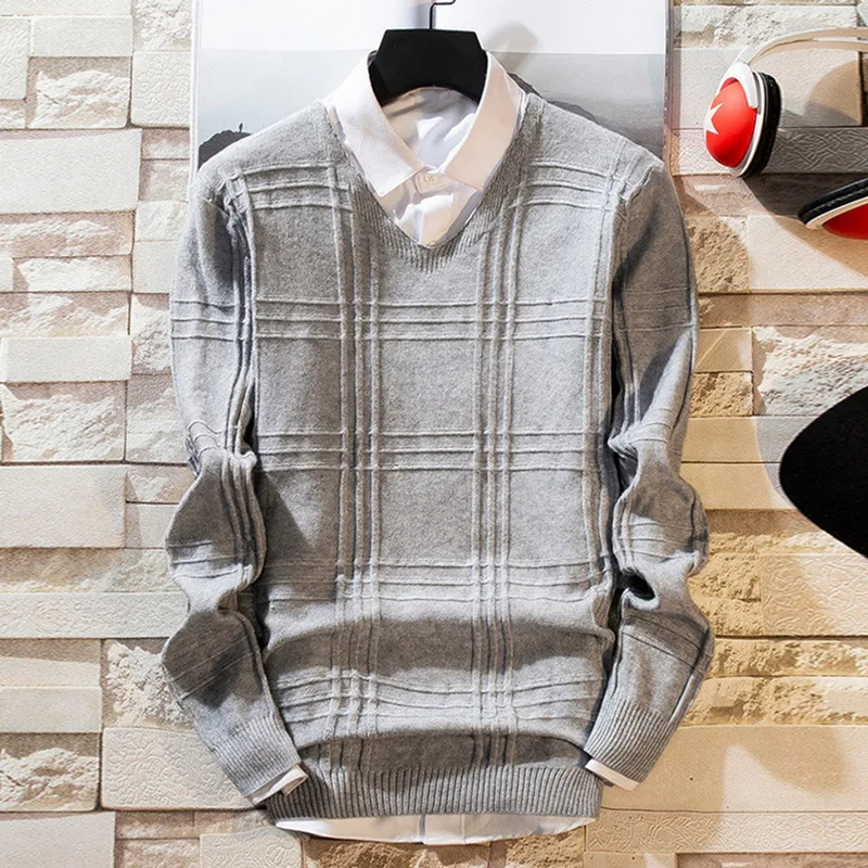

Men Autumn And Winter Warm Pullover Casual Fashion Solid Color Sweaters New Knit V-Neck Long Sleeve Pullover Knitwear Sweater