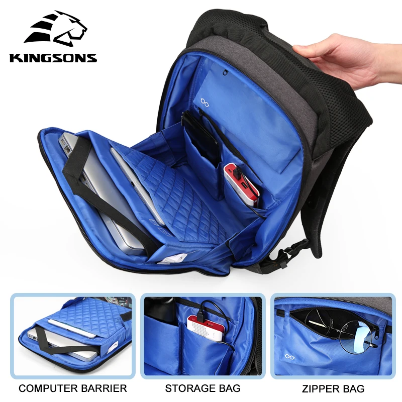 Kingsons New Fashion Backpacks Anti-theft Lock Backpack Phone Sucker Laptop Bags 13''15'' USB Charging Backpacks School Bag