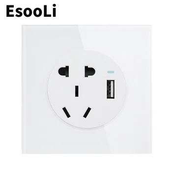 

Esooli 3 colors Crystal Glass Panel 10A Wall Outlet Universal 5 Hole Power Socket With USB Fast Charging Port DC 5V 2.1A