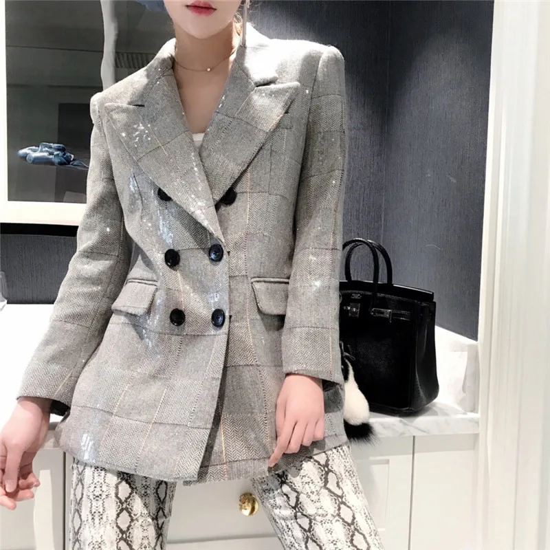 

New Designer Gray Glitter Sequined Blazer Reflective Shiny Double-breasted Lion Button Silver Women Blazer Suit Jacket Female