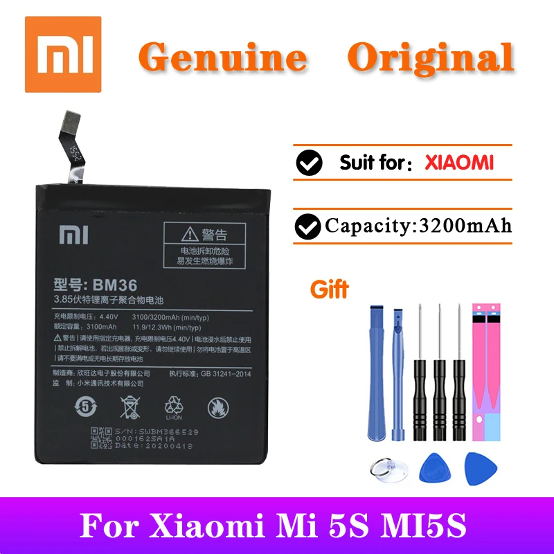 

Xiaomi Original Replacement Battery BM36 For Mi 5S MI5S Genuine Phone Batteries With Free Tools 3200mAh