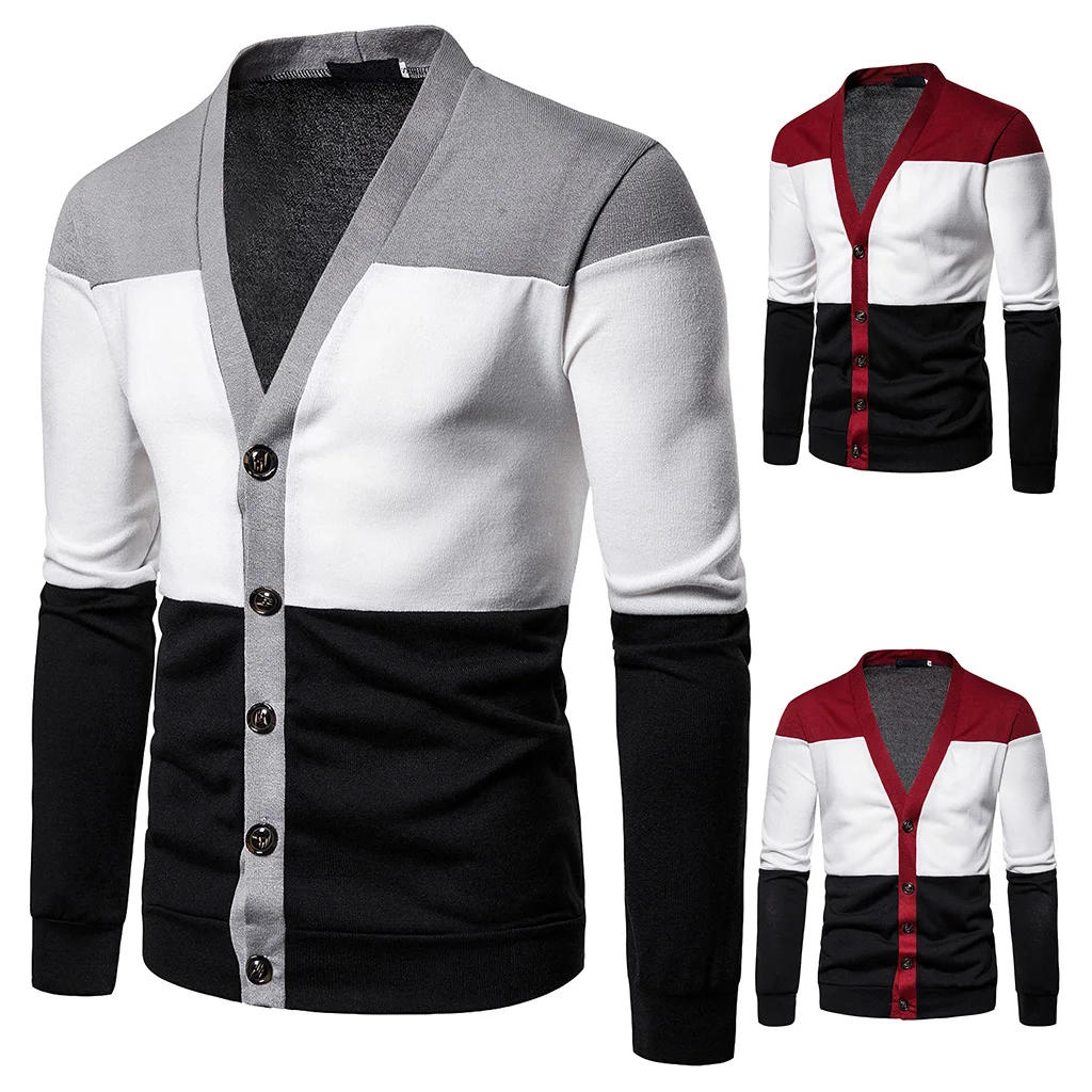Мужской вязаный свитер в стиле пэчворк мужской модный осенний кардиган с глубоким v-образным вырезом Повседневный тонкий пуловер на пуговицах Топы Верхняя одежда