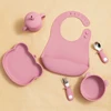 New Design Baby Feeding Solid Food Spoon Fork Set BPA Free Silicone Handle Cartoon Bear Stainless Utensil Children's Tableware 6
