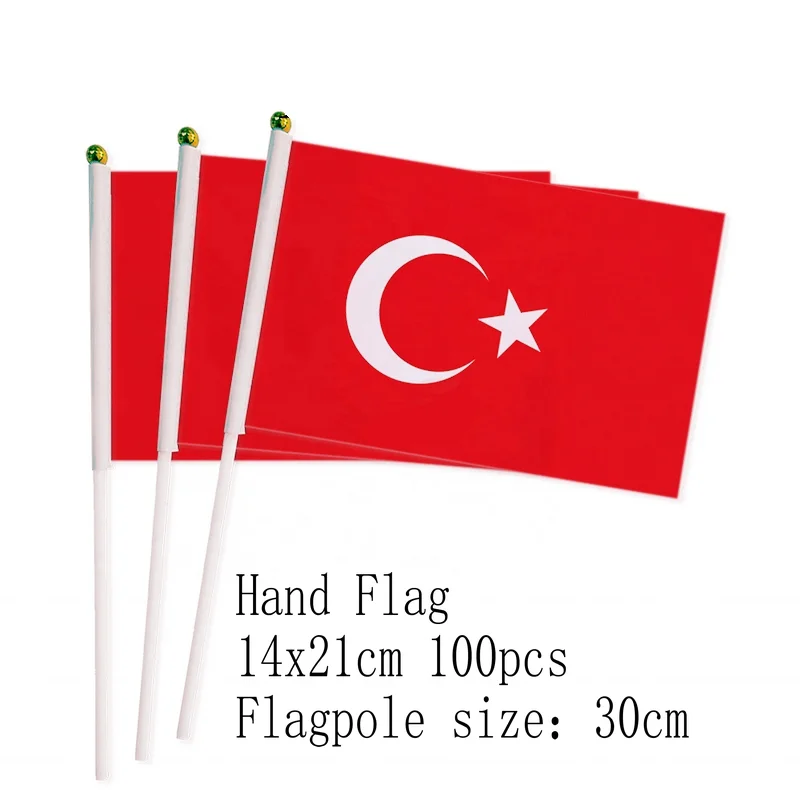 

zwjflagshow Turkey Hand Flag 14*21cm 100pcs polyester Turkey Small Hand waving Flag with plastic flagpole for decoration