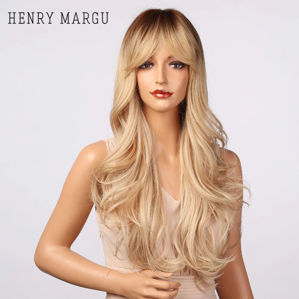 

HENRY MARGU Long Wavy Ombre Light Brown Wigs with Bangs Synthetic Natural Daily Wig for Women Cosplay Hair Wigs Heat Resistant