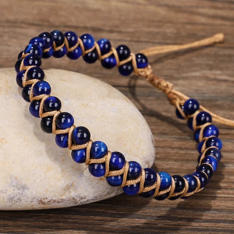 Natural Blue Tiger Eye Bracelet Braided Cuff Bracelet