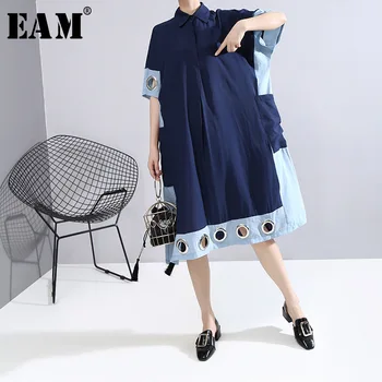 

[EAM] Women Blue Hollow Out Pocket Big Size Dress New Round Neck Half Sleeve Loose Fit Fashion Tide Spring Summer 2020 1W734