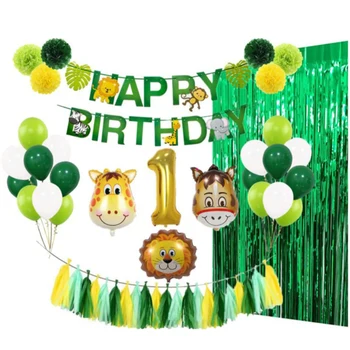 

Jungle Safari Park Theme Birthday Party Decor Foil Balloon Bunting Tassels Birthday Party Decoration Set Animal Birthday Flag