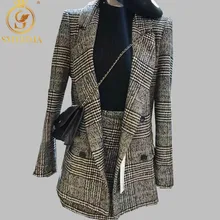 Женский демисезонный костюм из жакета и юбки, комплект из 2 предметов: двубортный жакет с длинным рукавом и отложным воротником, короткая юбка с запахом, размеры, S-3XLSMTHMA