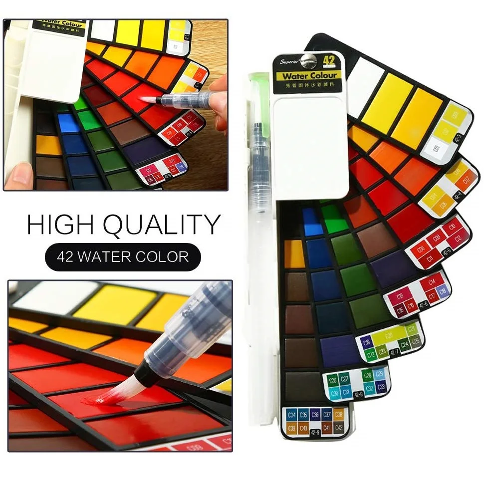 18/25/33/42 Solid Watercolor Paint Kit, Superior Paints Drawing Palette with Brush Pen Professional Artist Art Supplies A6151