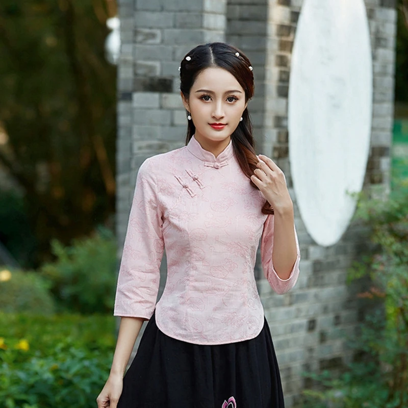 Учебный стиль для женщин с длинными рукавами чистый цвет Qipao жаккард переплетение Улучшенный чёнсам костюм Тан рубашка женская повседневная одежда рубашка