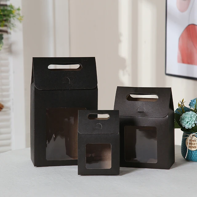 10pcs Red Blue Large Open Window Cowhide Carton Bag Kraft Handle Flap Seal Gift Box Portable Food Gift Small Color Packing Box black