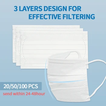 

100Pcs Wholesale 3-Layers Masks Disposable Ear-loop Face Mouth Masks Dust-Proof Personal Protective Face Mask White