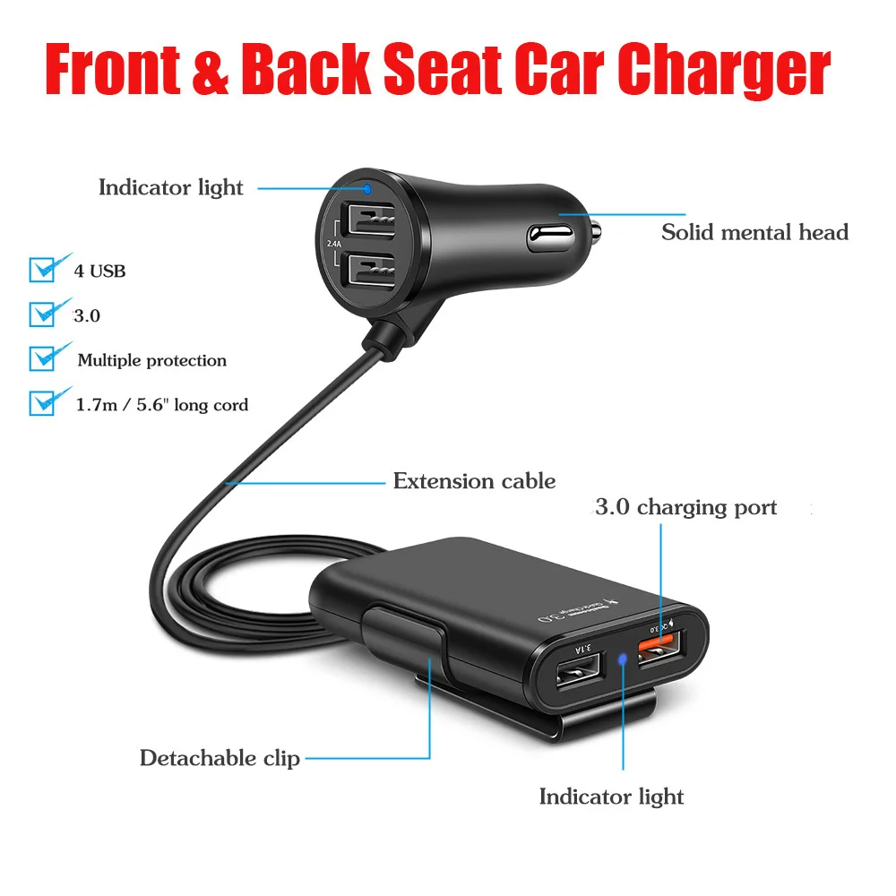 DigRepair 4 порта быстрая 3,0+ 2.4A+ 3.1A USB Автомобильное зарядное устройство Универсальный usb-адаптер с 5.6ft удлинитель Кабель для MPV автомобильный телефон