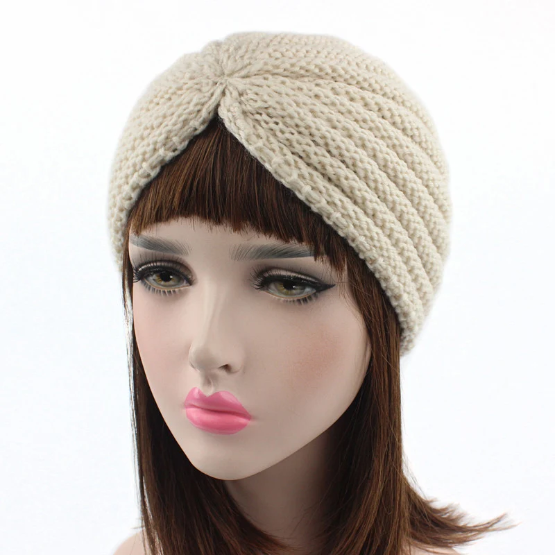 CN зимние вязаные теплые чалма, закрывающая уши, Однотонные эластичные повязки на голову ручной работы для девочек, женские шарфы для волос, мусульманская шапка - Цвет: beige